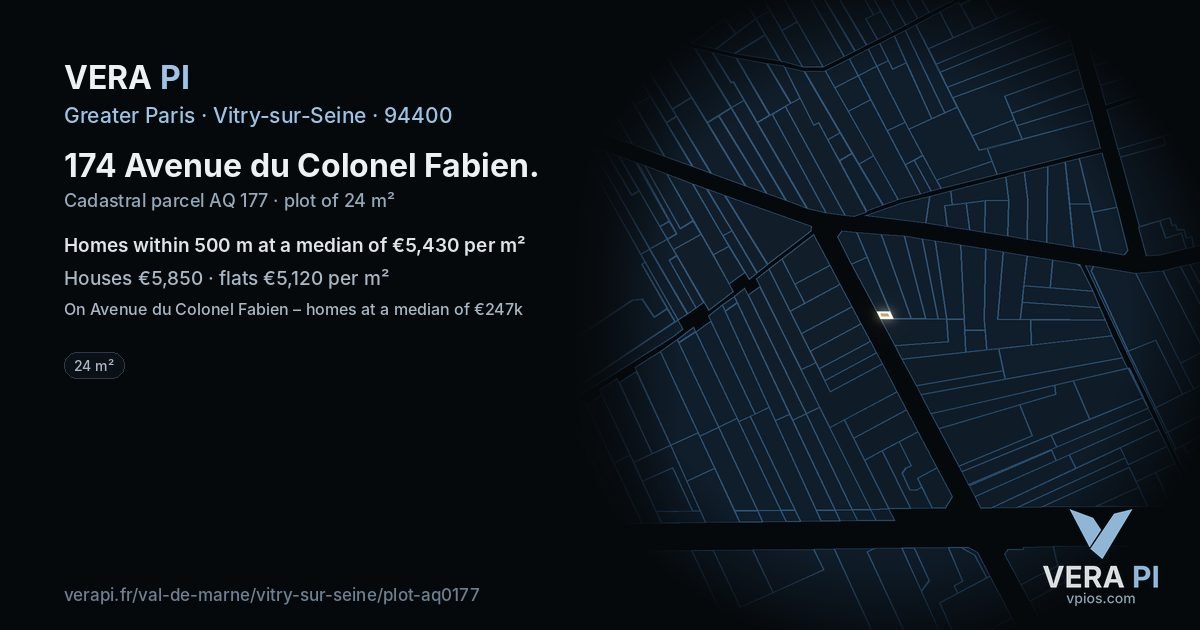 174 Avenue du Colonel Fabien, Vitry-sur-Seine at night – the plot lit, the parcels around coloured by the prices near them