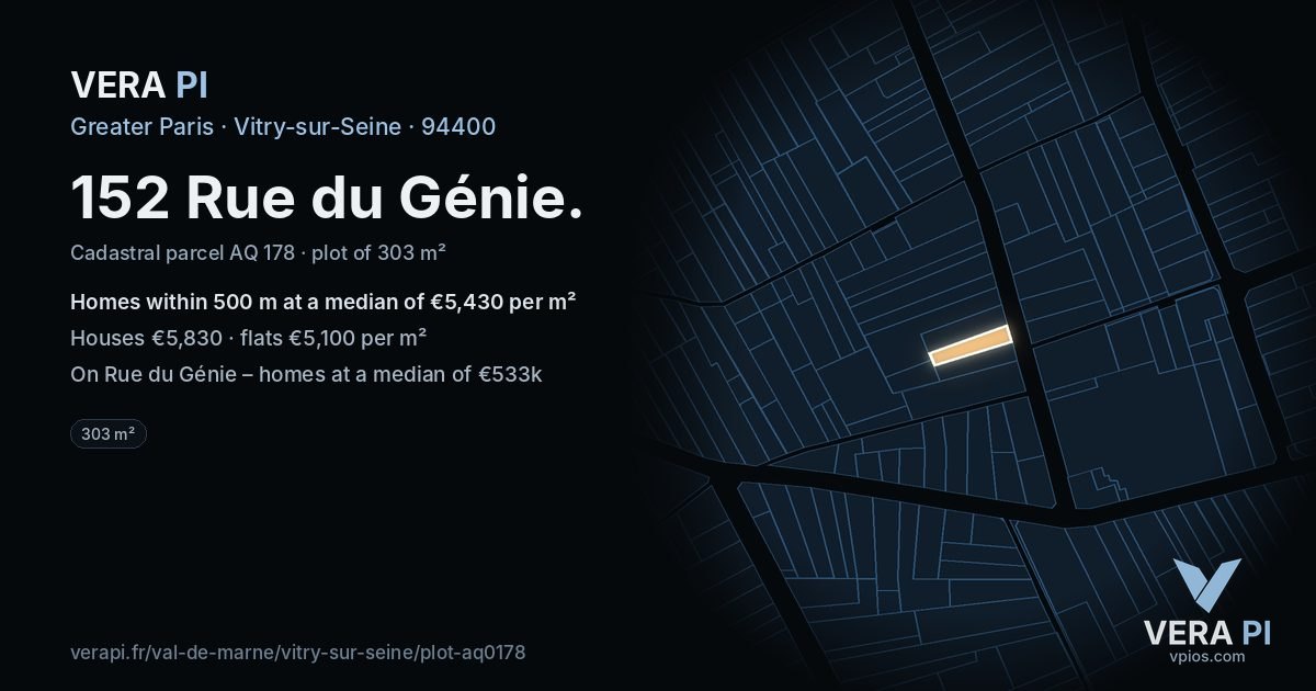 152 Rue du Génie, Vitry-sur-Seine at night – the plot lit, the parcels around coloured by the prices near them
