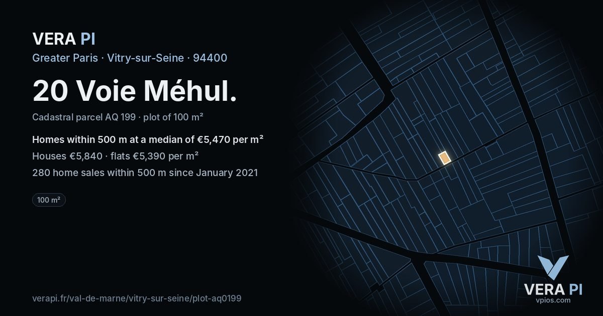 20 Voie Méhul, Vitry-sur-Seine at night – the plot lit, the parcels around coloured by the prices near them