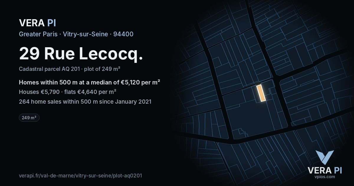 29 Rue Lecocq, Vitry-sur-Seine at night – the plot lit, the parcels around coloured by the prices near them