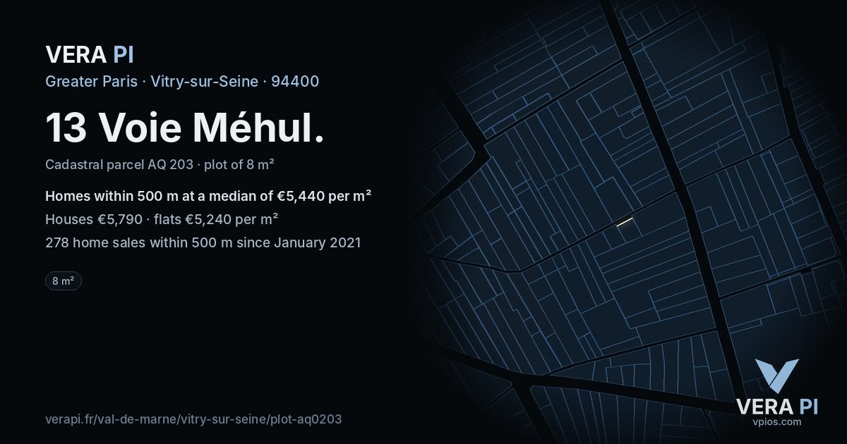 13 Voie Méhul, Vitry-sur-Seine at night – the plot lit, the parcels around coloured by the prices near them