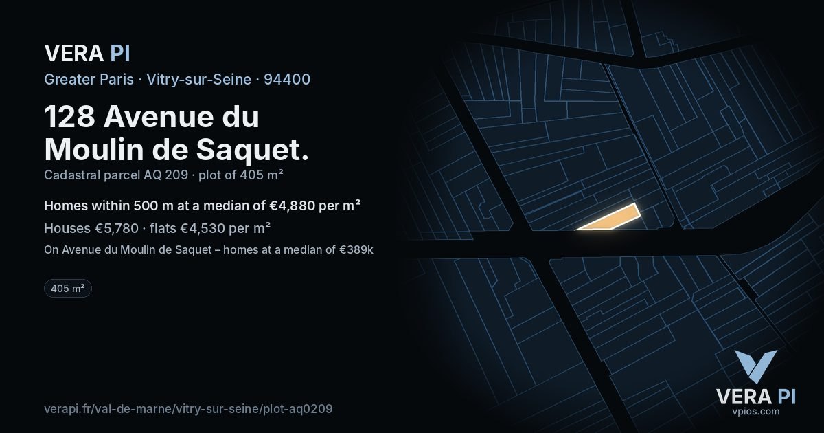 128 Avenue du Moulin de Saquet, Vitry-sur-Seine at night – the plot lit, the parcels around coloured by the prices near them