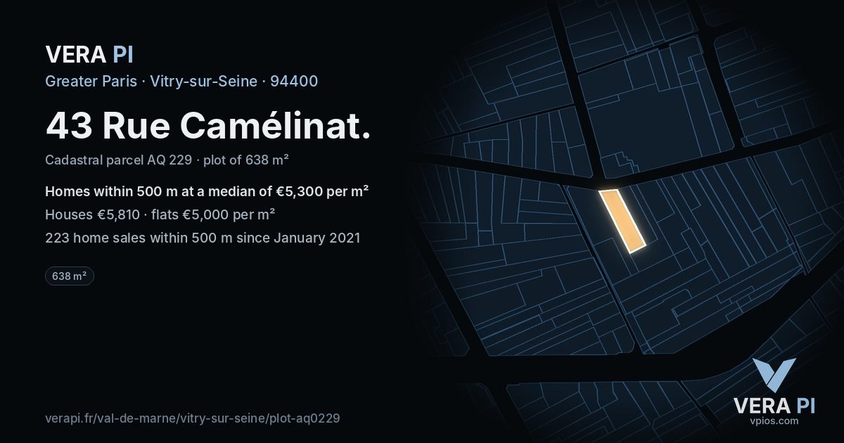43 Rue Camélinat, Vitry-sur-Seine at night – the plot lit, the parcels around coloured by the prices near them