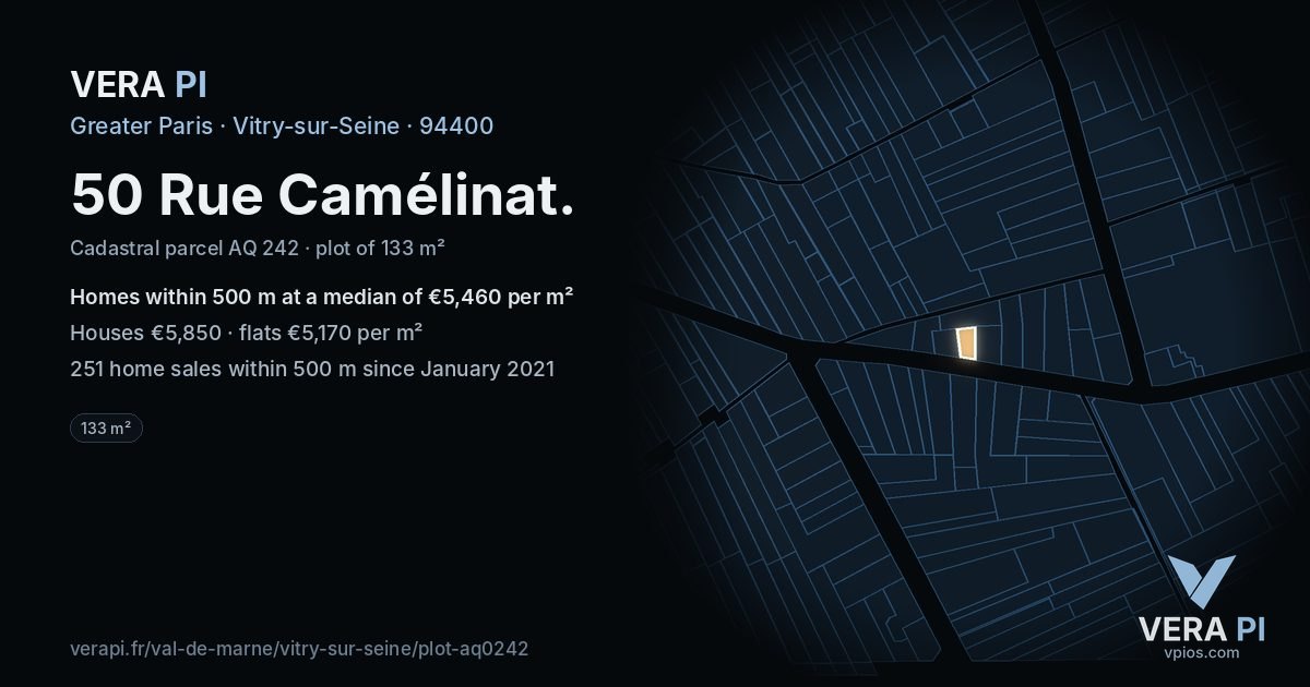 50 Rue Camélinat, Vitry-sur-Seine at night – the plot lit, the parcels around coloured by the prices near them
