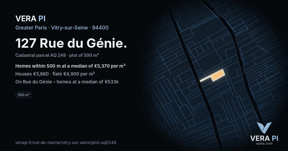 127 Rue du Génie, Vitry-sur-Seine at night – the plot lit, the parcels around coloured by the prices near them