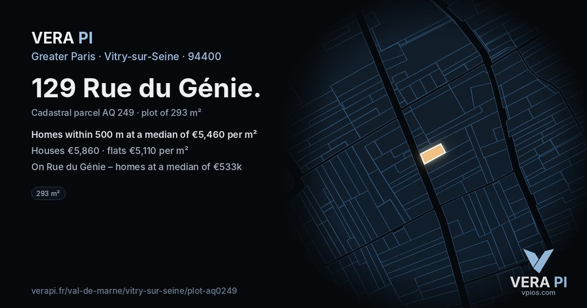 129 Rue du Génie, Vitry-sur-Seine at night – the plot lit, the parcels around coloured by the prices near them