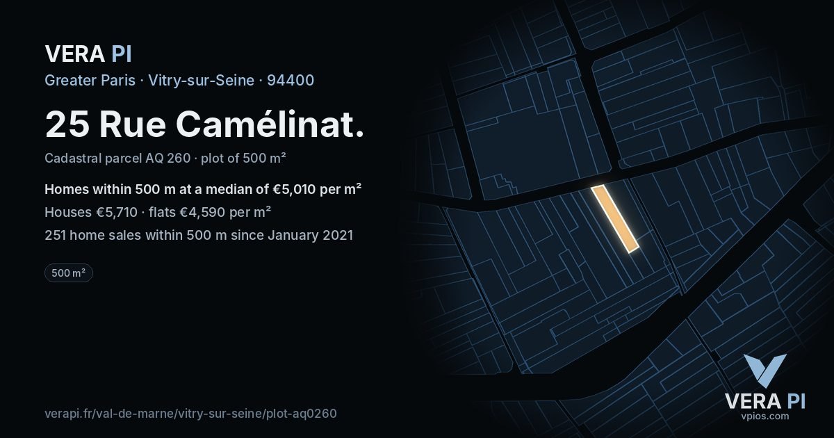 25 Rue Camélinat, Vitry-sur-Seine at night – the plot lit, the parcels around coloured by the prices near them