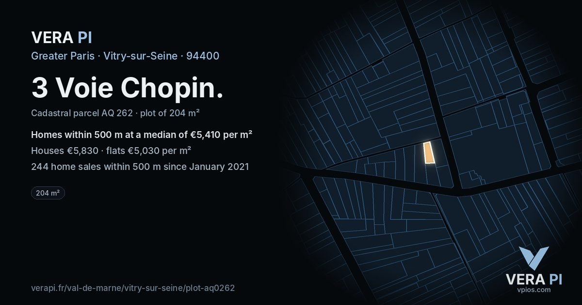 3 Voie Chopin, Vitry-sur-Seine at night – the plot lit, the parcels around coloured by the prices near them