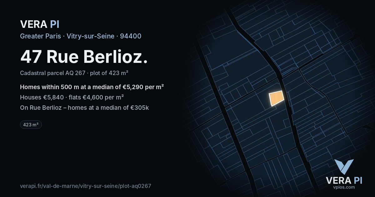 47 Rue Berlioz, Vitry-sur-Seine at night – the plot lit, the parcels around coloured by the prices near them