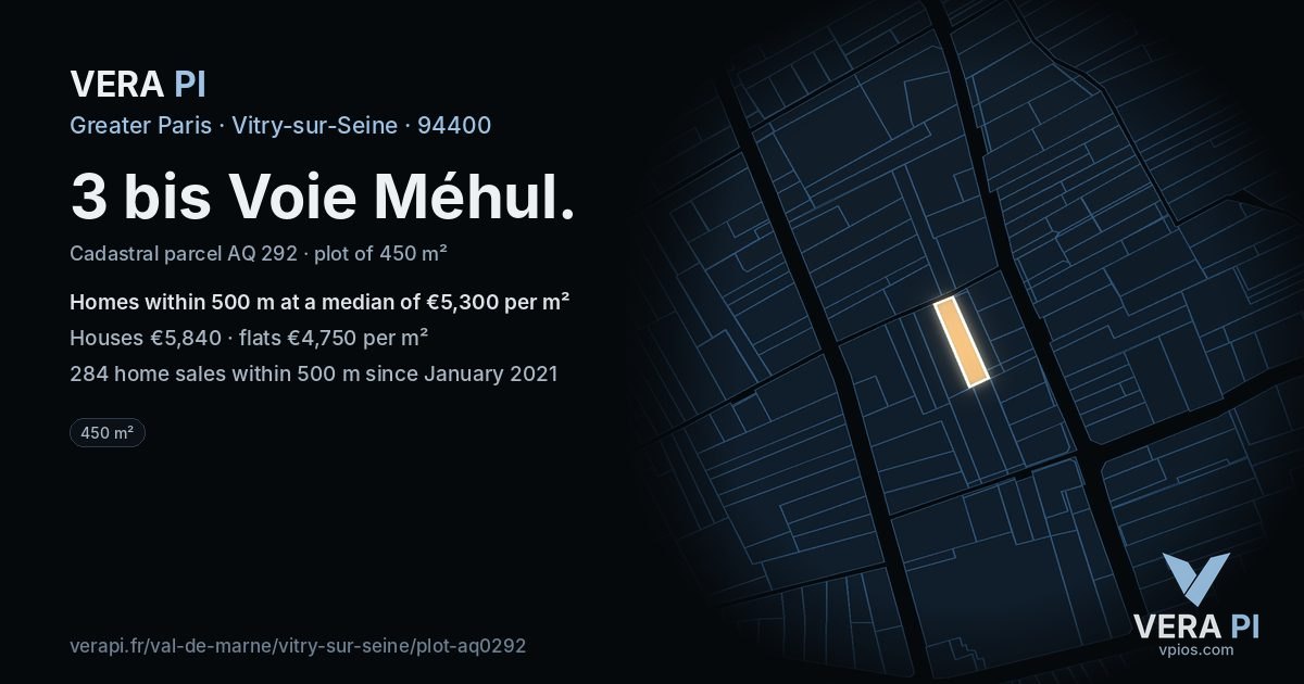 3 bis Voie Méhul, Vitry-sur-Seine at night – the plot lit, the parcels around coloured by the prices near them