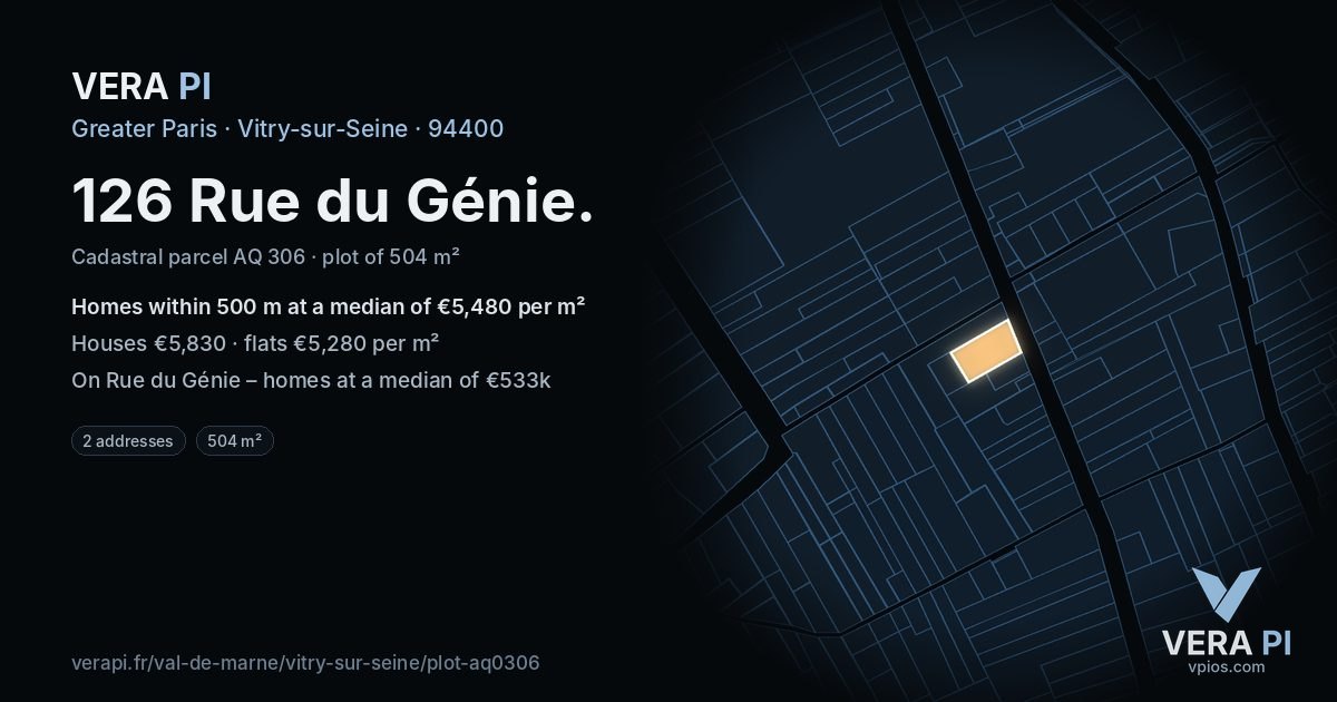 126 Rue du Génie, Vitry-sur-Seine at night – the plot lit, the parcels around coloured by the prices near them