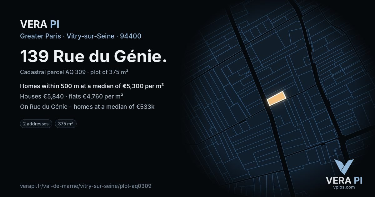 139 Rue du Génie, Vitry-sur-Seine at night – the plot lit, the parcels around coloured by the prices near them
