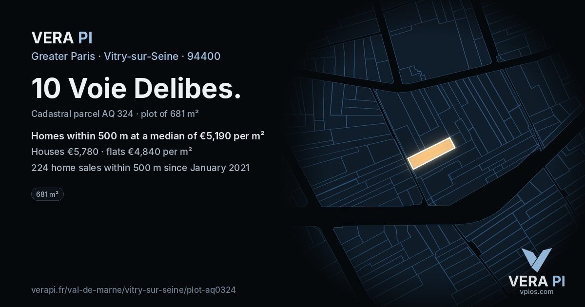 10 Voie Delibes, Vitry-sur-Seine at night – the plot lit, the parcels around coloured by the prices near them