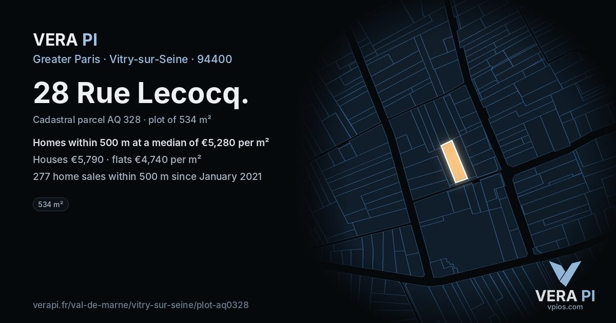 28 Rue Lecocq, Vitry-sur-Seine at night – the plot lit, the parcels around coloured by the prices near them