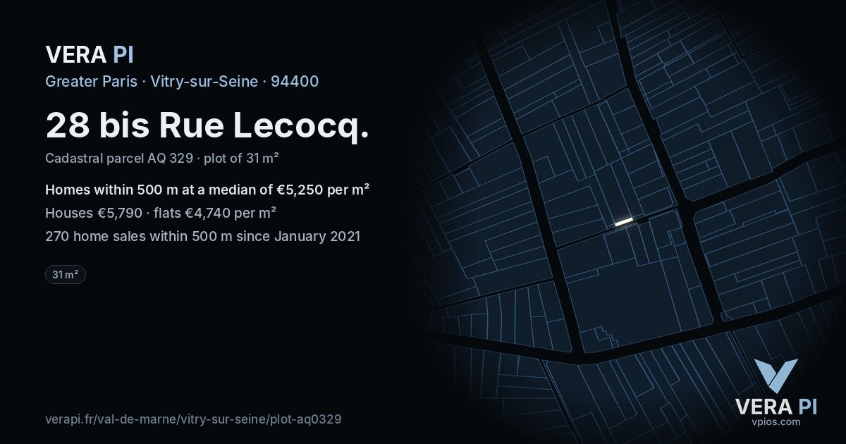 28 bis Rue Lecocq, Vitry-sur-Seine at night – the plot lit, the parcels around coloured by the prices near them