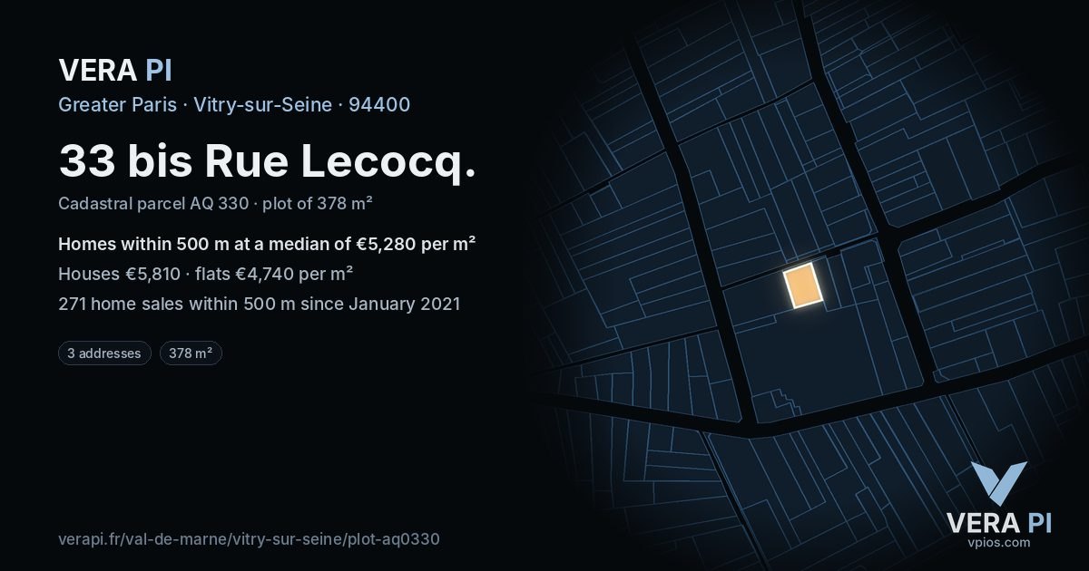 33 bis Rue Lecocq, Vitry-sur-Seine at night – the plot lit, the parcels around coloured by the prices near them