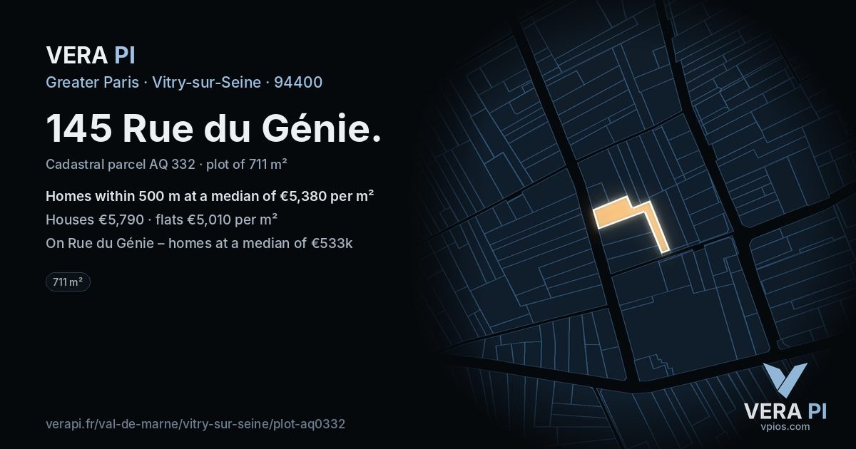 145 Rue du Génie, Vitry-sur-Seine at night – the plot lit, the parcels around coloured by the prices near them