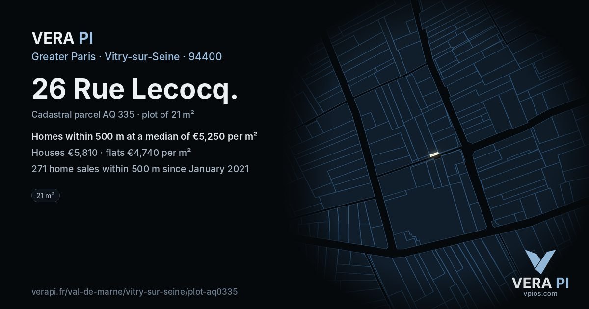 26 Rue Lecocq, Vitry-sur-Seine at night – the plot lit, the parcels around coloured by the prices near them