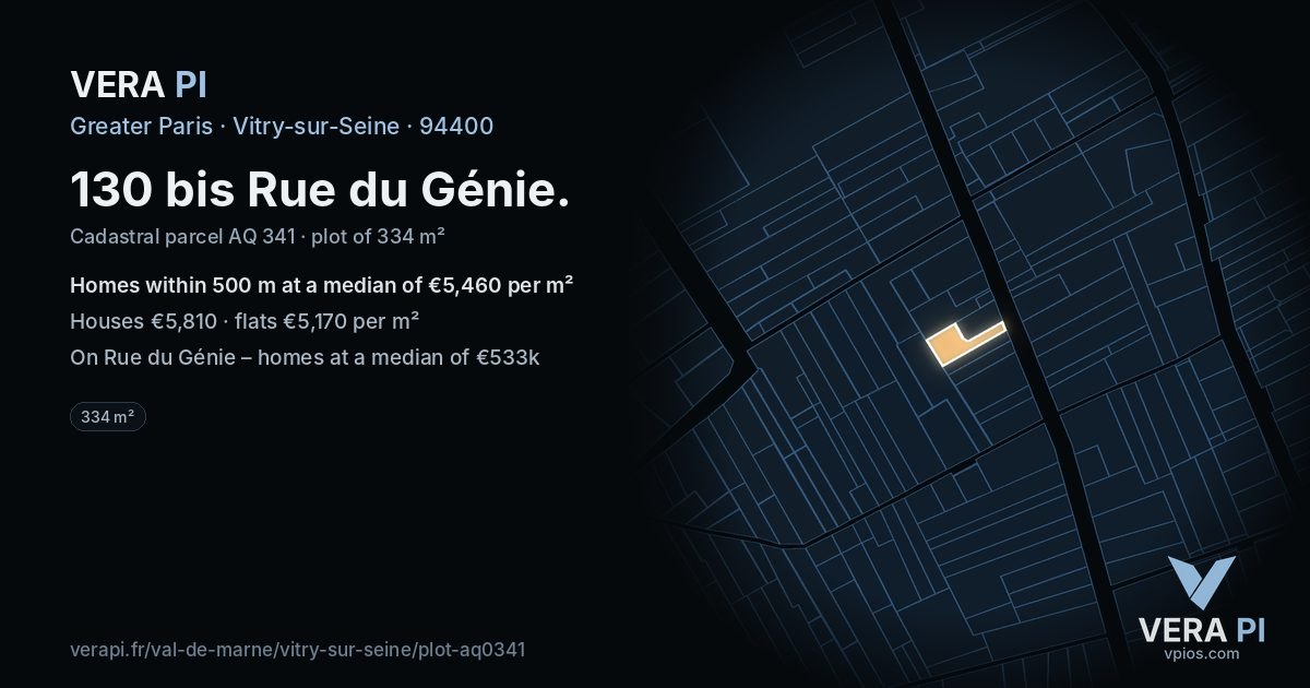 130 bis Rue du Génie, Vitry-sur-Seine at night – the plot lit, the parcels around coloured by the prices near them