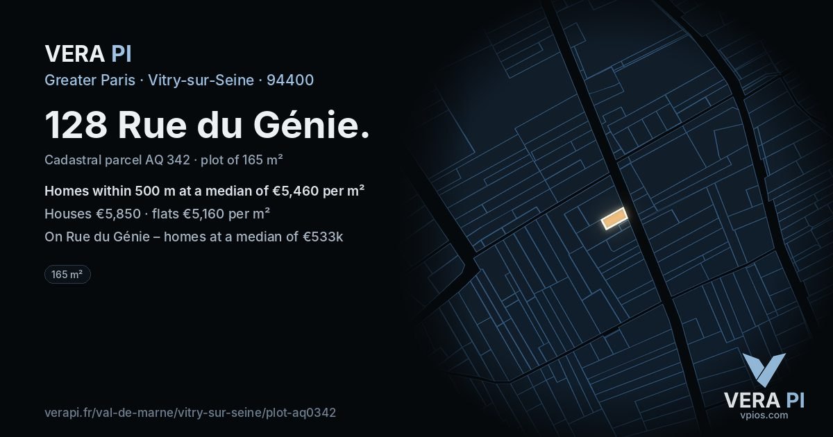 128 Rue du Génie, Vitry-sur-Seine at night – the plot lit, the parcels around coloured by the prices near them