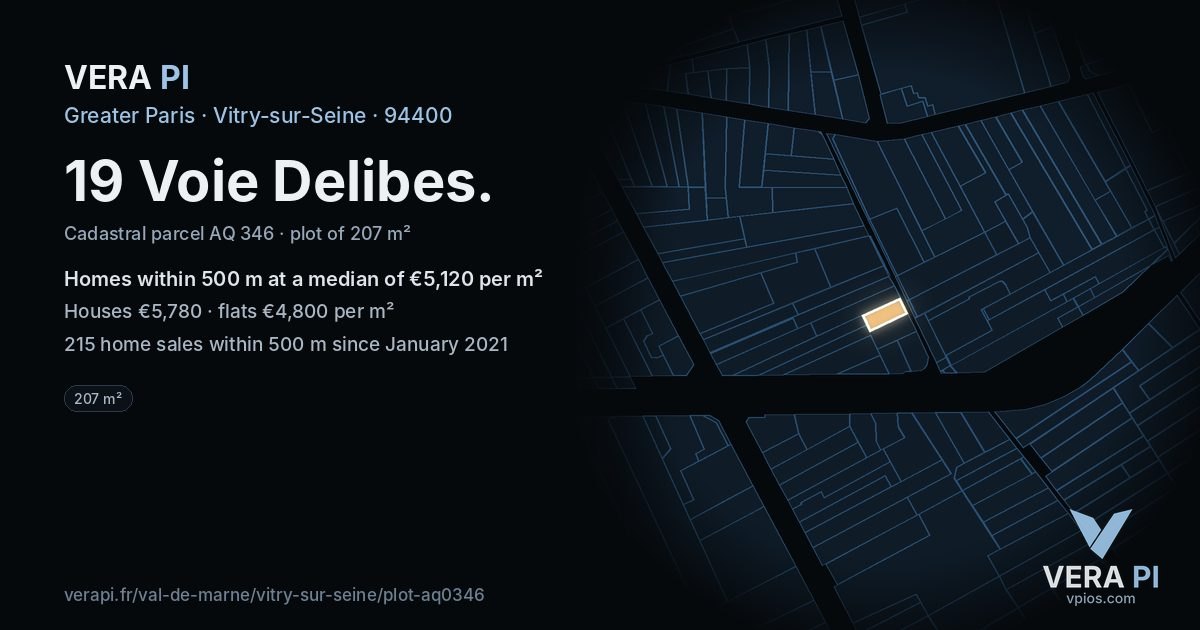 19 Voie Delibes, Vitry-sur-Seine at night – the plot lit, the parcels around coloured by the prices near them