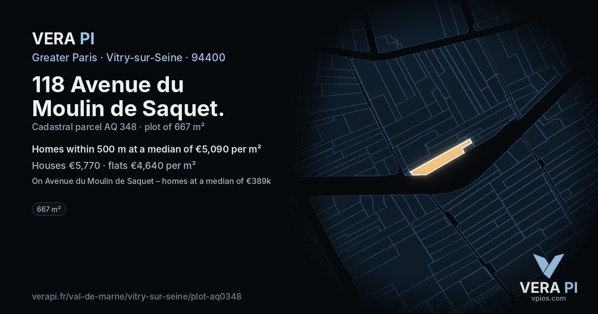 118 Avenue du Moulin de Saquet, Vitry-sur-Seine at night – the plot lit, the parcels around coloured by the prices near them