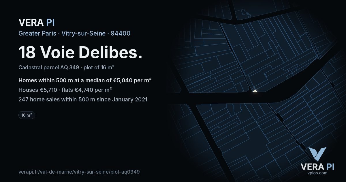 18 Voie Delibes, Vitry-sur-Seine at night – the plot lit, the parcels around coloured by the prices near them