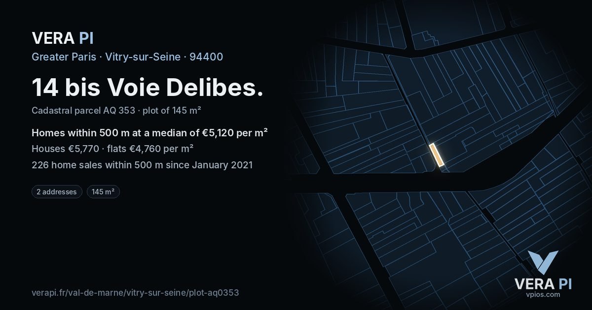 14 bis Voie Delibes, Vitry-sur-Seine at night – the plot lit, the parcels around coloured by the prices near them