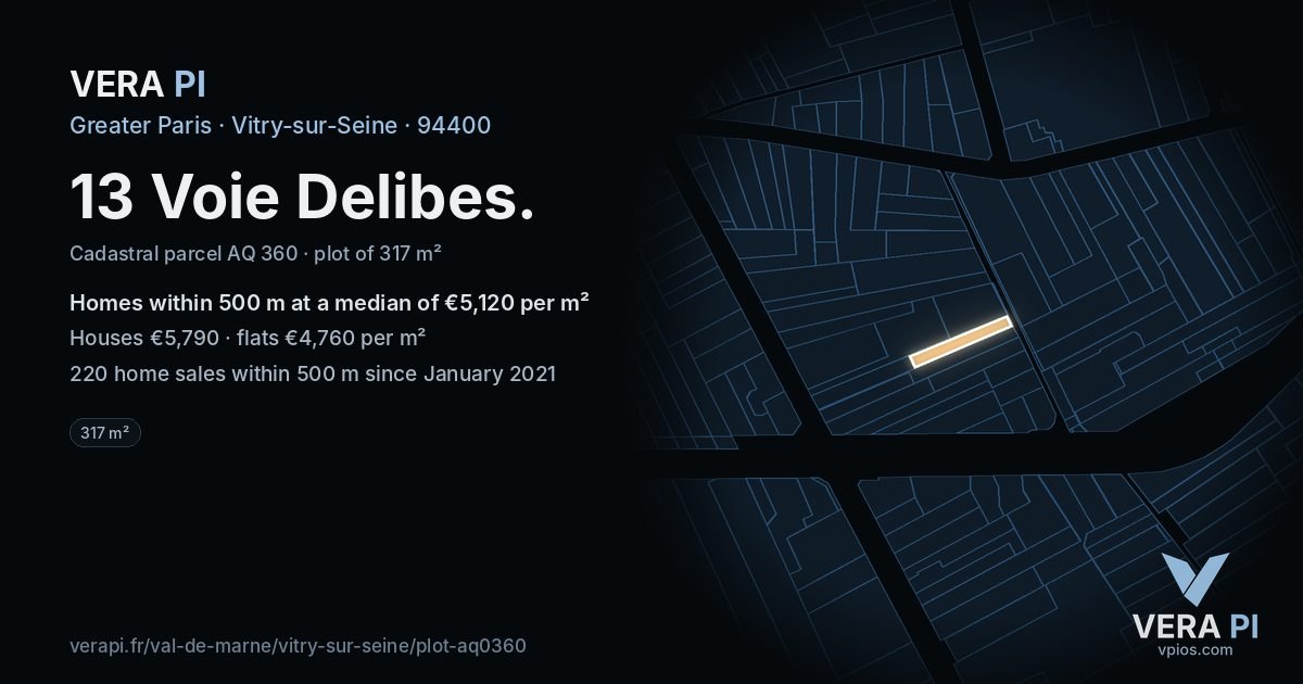 13 Voie Delibes, Vitry-sur-Seine at night – the plot lit, the parcels around coloured by the prices near them