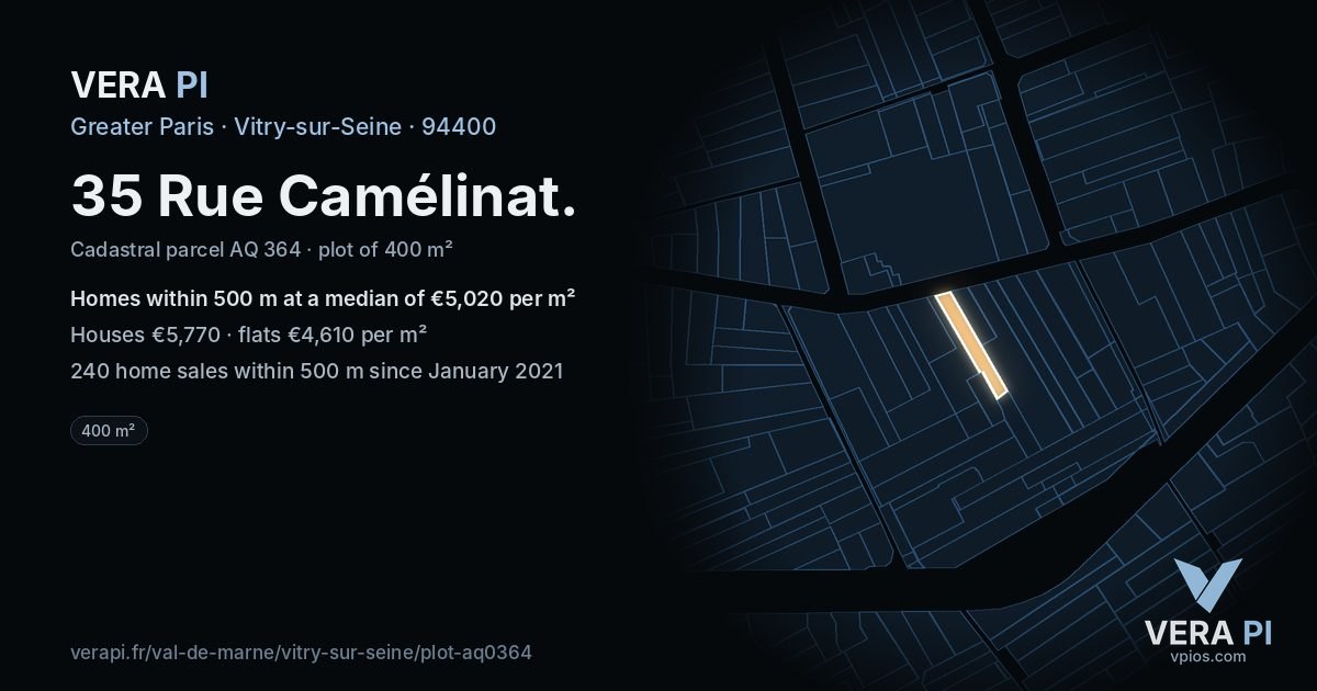 35 Rue Camélinat, Vitry-sur-Seine at night – the plot lit, the parcels around coloured by the prices near them