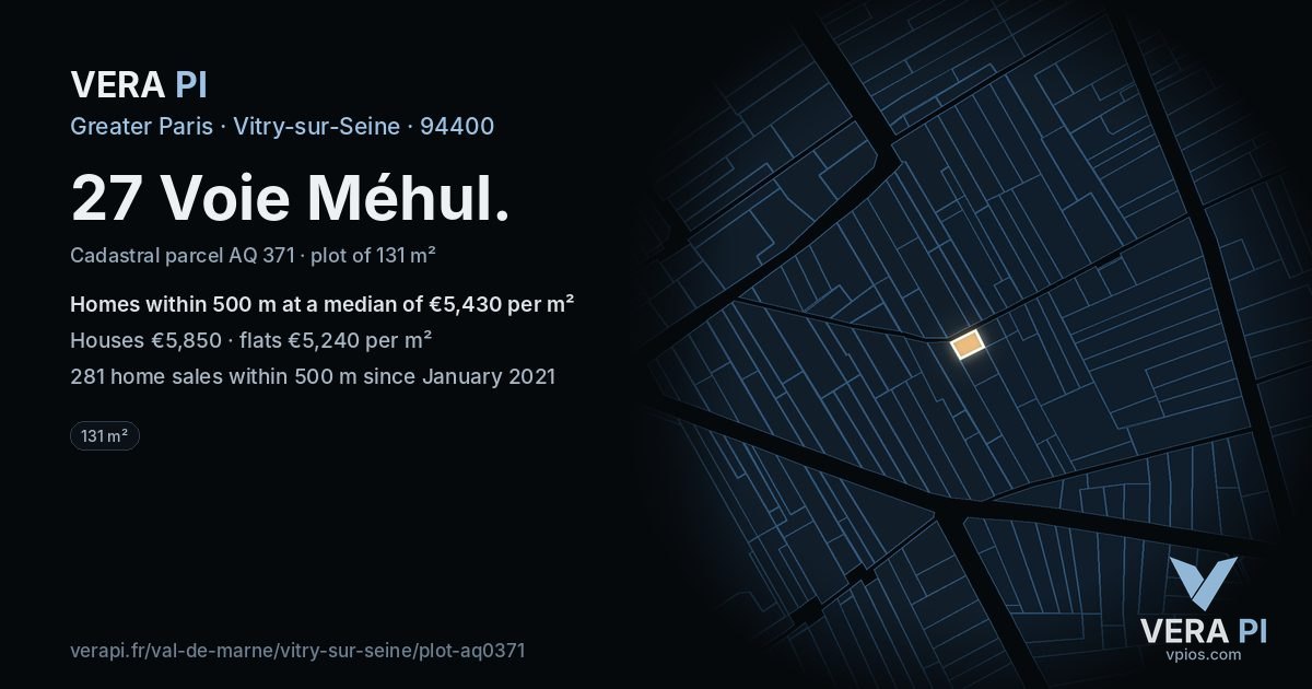 27 Voie Méhul, Vitry-sur-Seine at night – the plot lit, the parcels around coloured by the prices near them