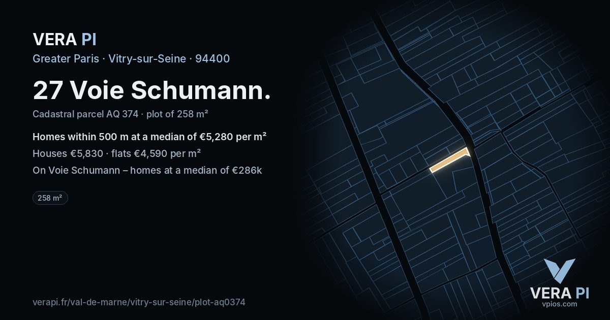 27 Voie Schumann, Vitry-sur-Seine at night – the plot lit, the parcels around coloured by the prices near them