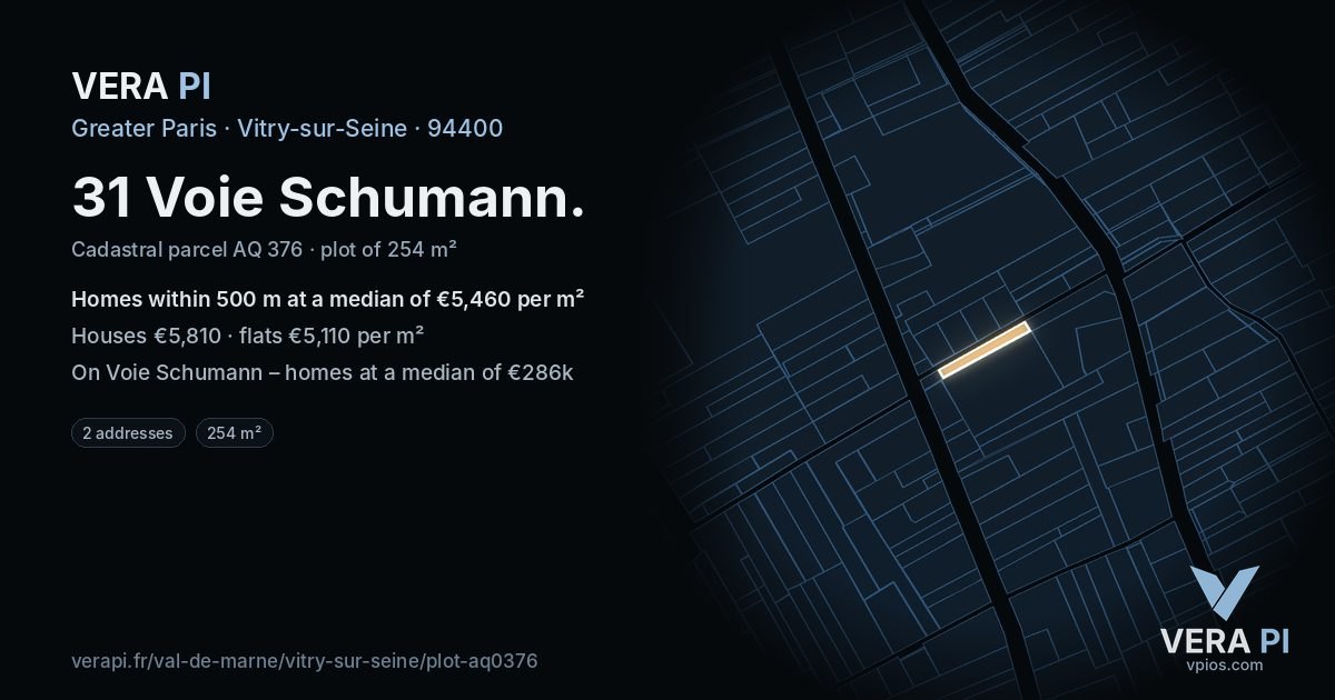 31 Voie Schumann, Vitry-sur-Seine at night – the plot lit, the parcels around coloured by the prices near them