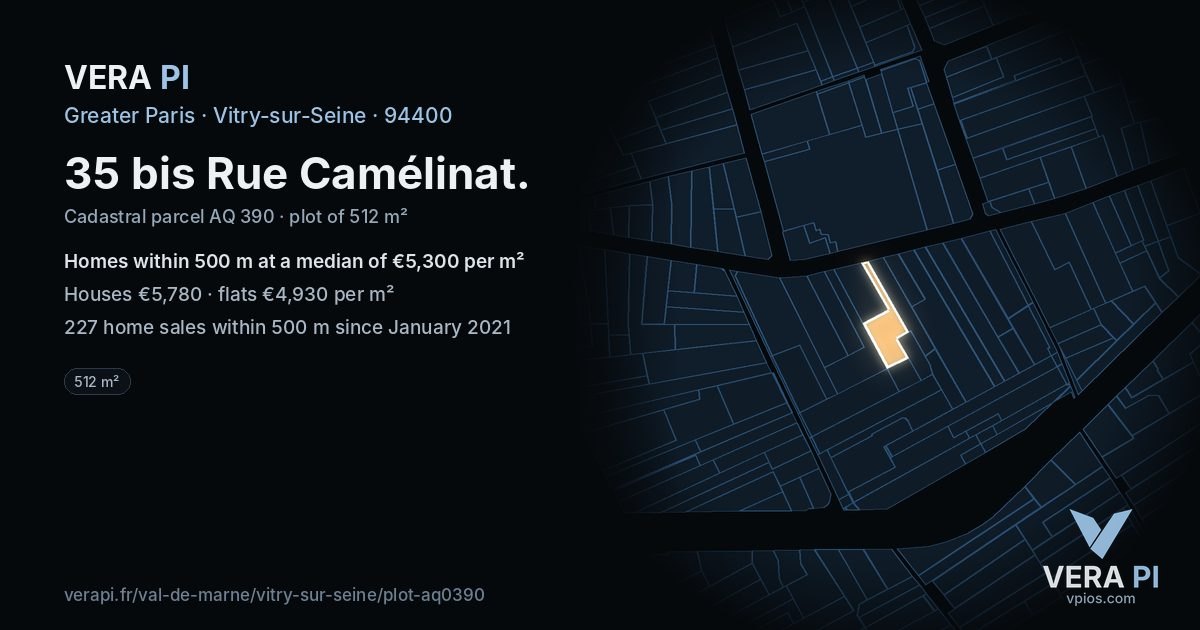 35 bis Rue Camélinat, Vitry-sur-Seine at night – the plot lit, the parcels around coloured by the prices near them
