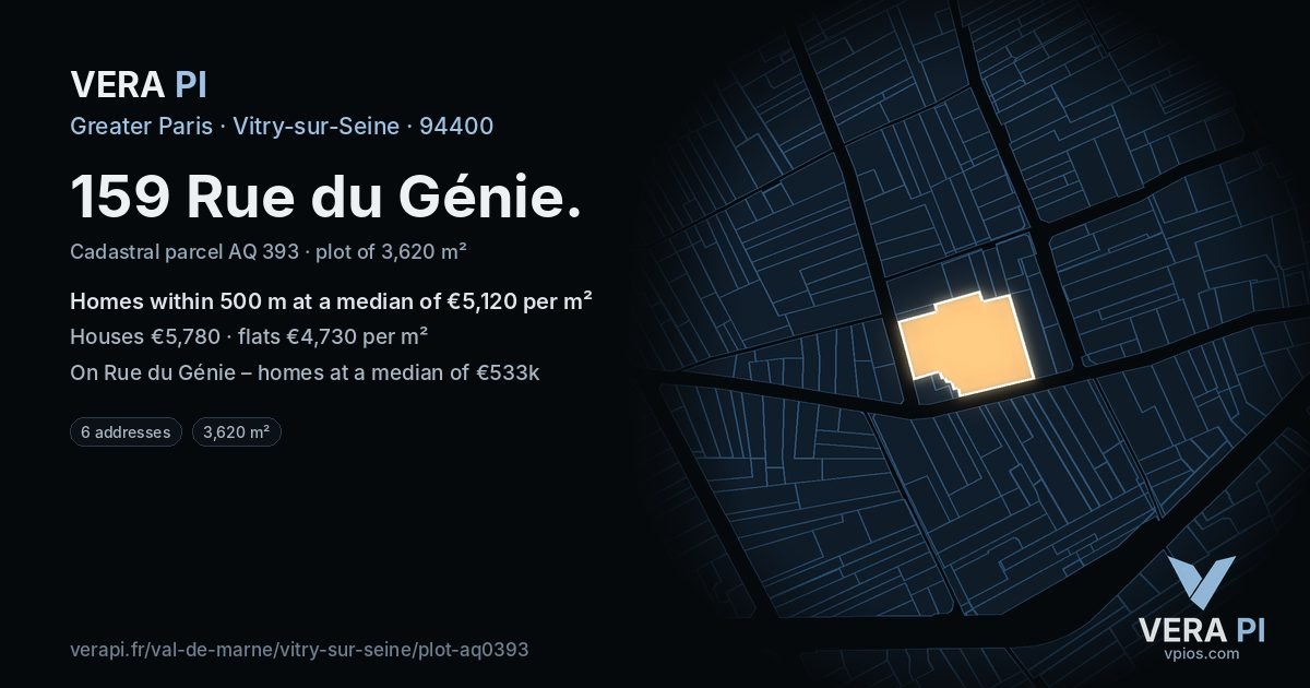 159 Rue du Génie, Vitry-sur-Seine at night – the plot lit, the parcels around coloured by the prices near them