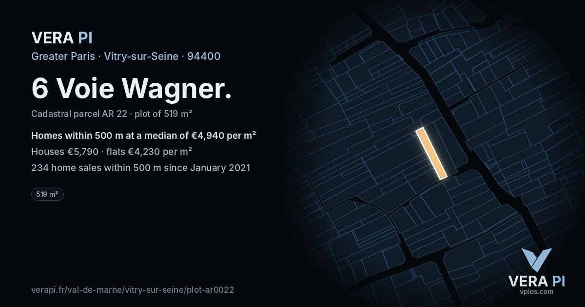 6 Voie Wagner, Vitry-sur-Seine at night – the plot lit, the parcels around coloured by the prices near them