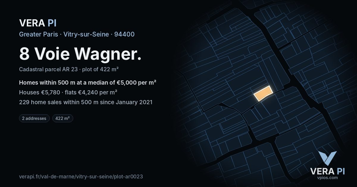 8 Voie Wagner, Vitry-sur-Seine at night – the plot lit, the parcels around coloured by the prices near them