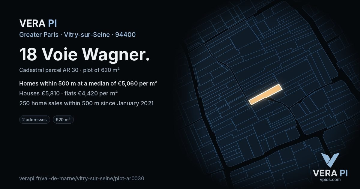 18 Voie Wagner, Vitry-sur-Seine at night – the plot lit, the parcels around coloured by the prices near them