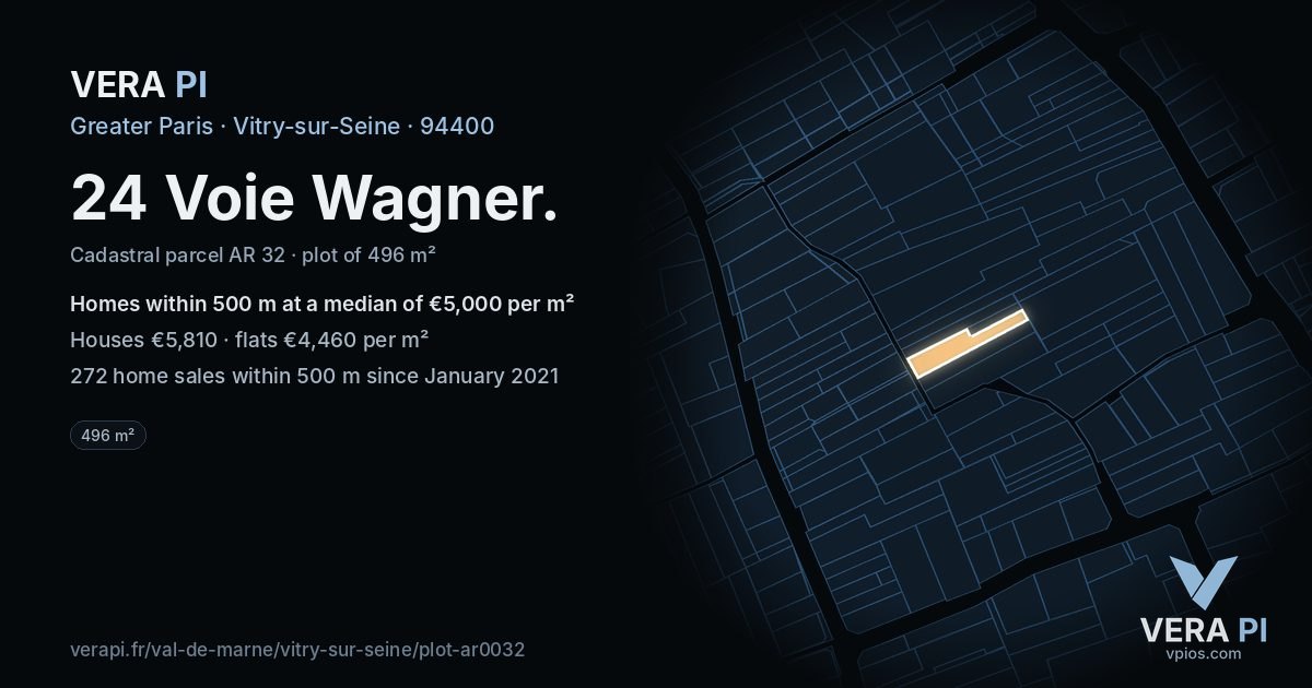 24 Voie Wagner, Vitry-sur-Seine at night – the plot lit, the parcels around coloured by the prices near them