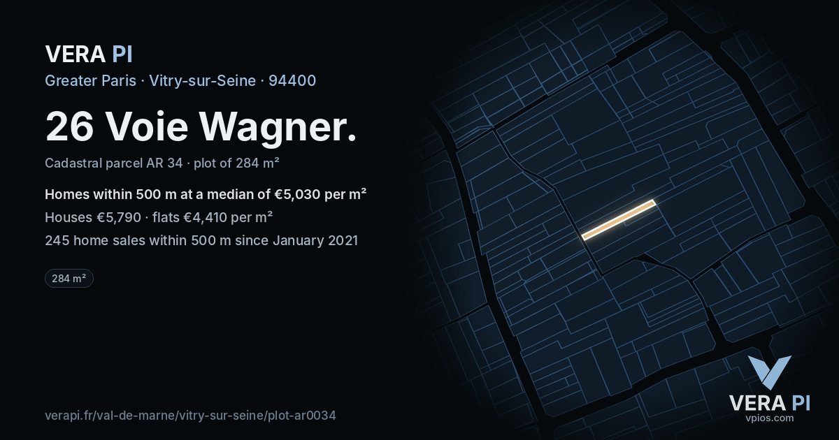 26 Voie Wagner, Vitry-sur-Seine at night – the plot lit, the parcels around coloured by the prices near them