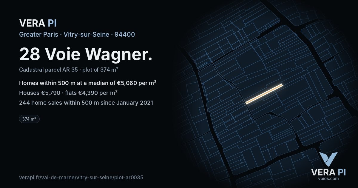 28 Voie Wagner, Vitry-sur-Seine at night – the plot lit, the parcels around coloured by the prices near them