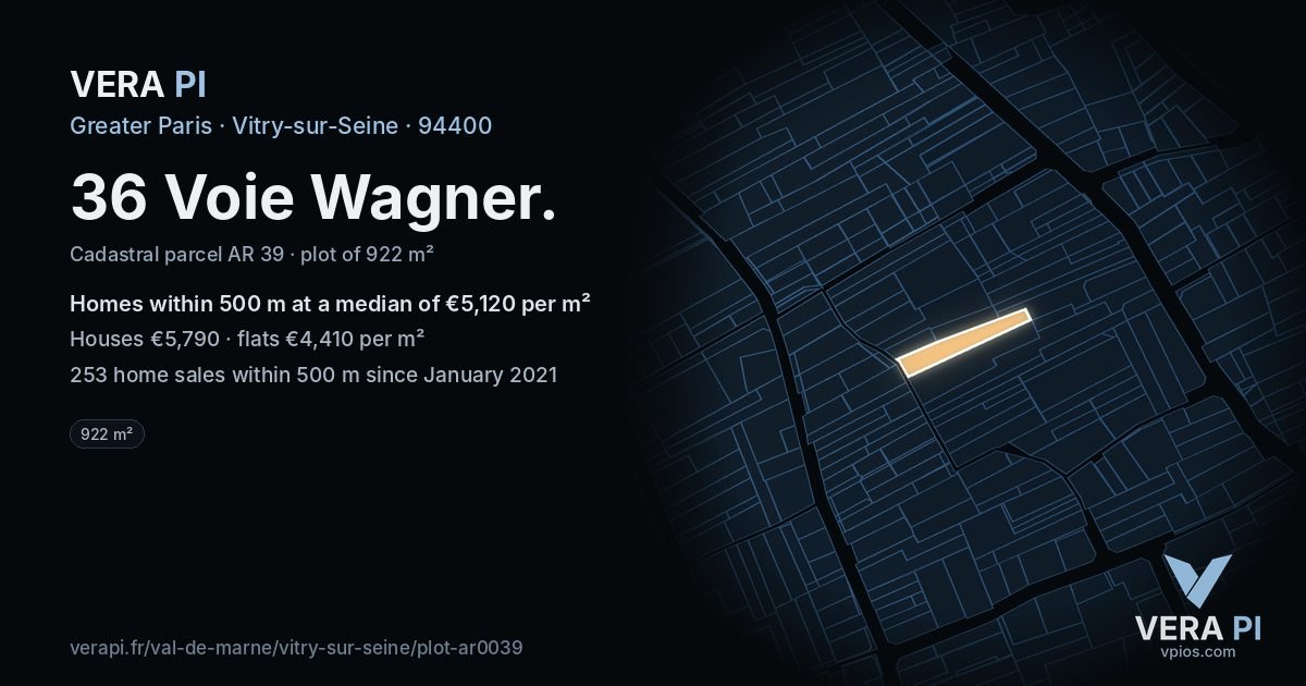 36 Voie Wagner, Vitry-sur-Seine at night – the plot lit, the parcels around coloured by the prices near them