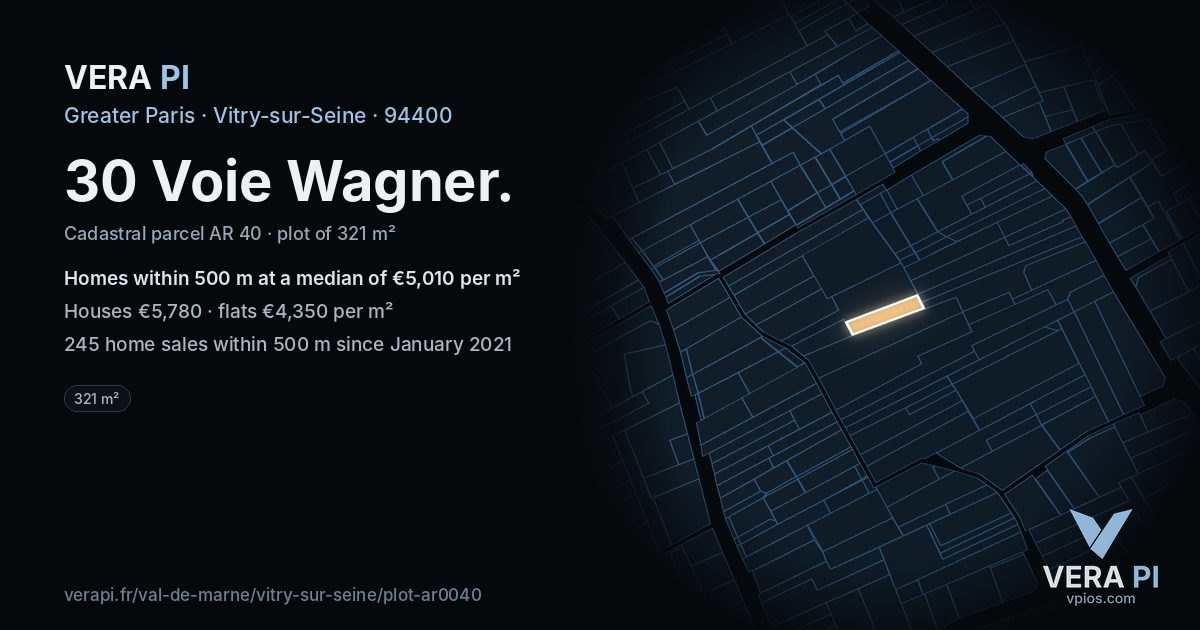 30 Voie Wagner, Vitry-sur-Seine at night – the plot lit, the parcels around coloured by the prices near them