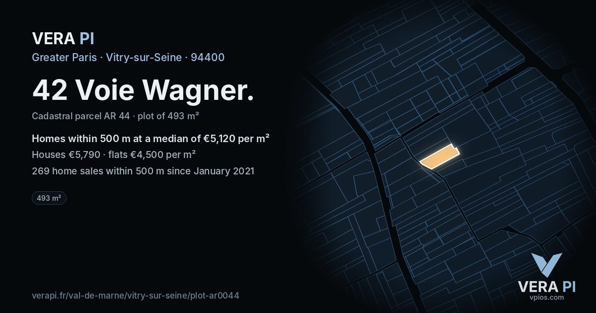 42 Voie Wagner, Vitry-sur-Seine at night – the plot lit, the parcels around coloured by the prices near them