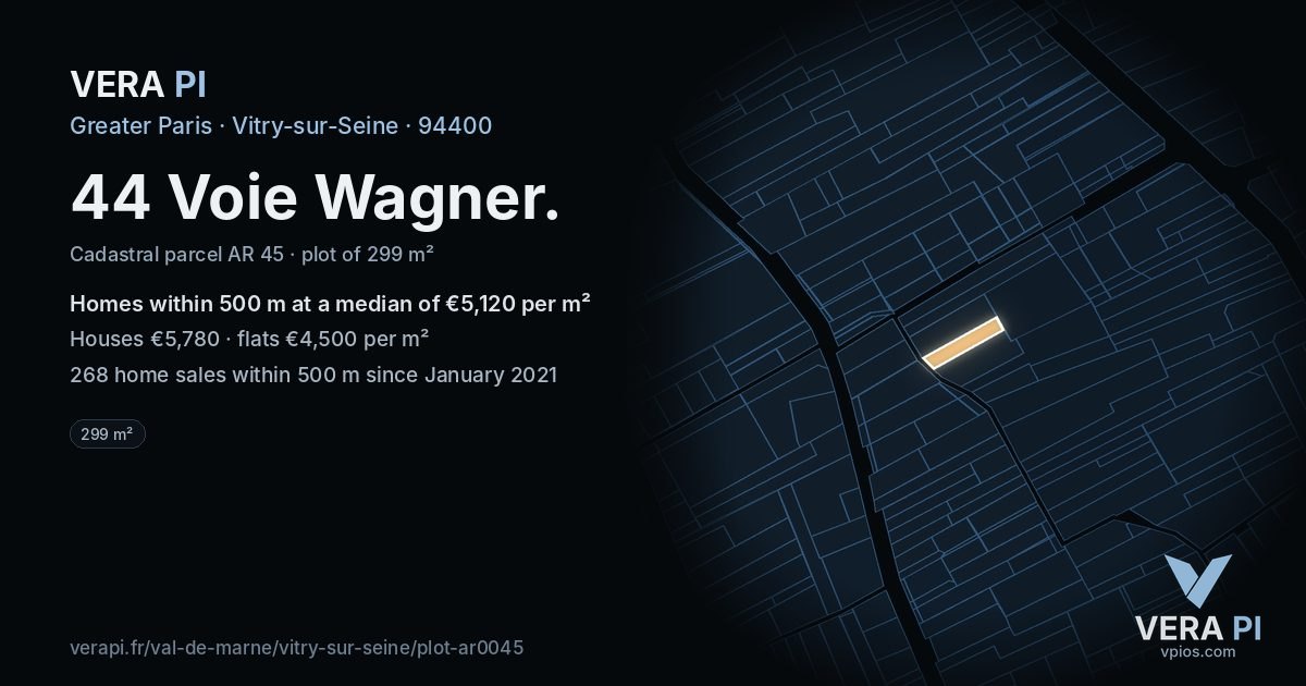 44 Voie Wagner, Vitry-sur-Seine at night – the plot lit, the parcels around coloured by the prices near them