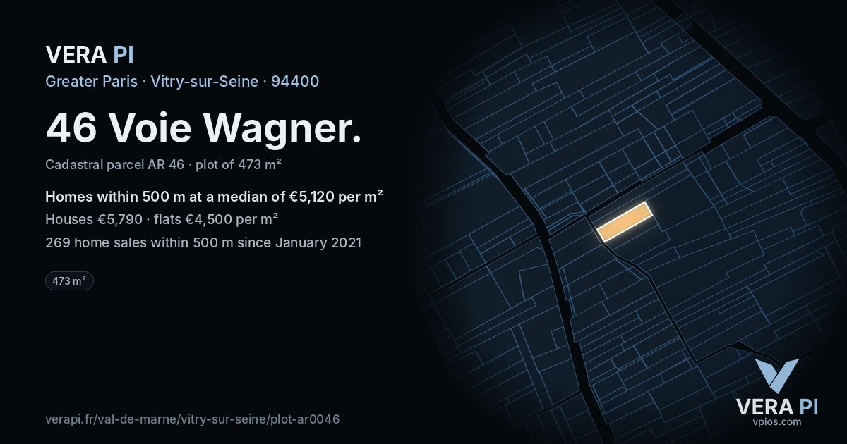 46 Voie Wagner, Vitry-sur-Seine at night – the plot lit, the parcels around coloured by the prices near them