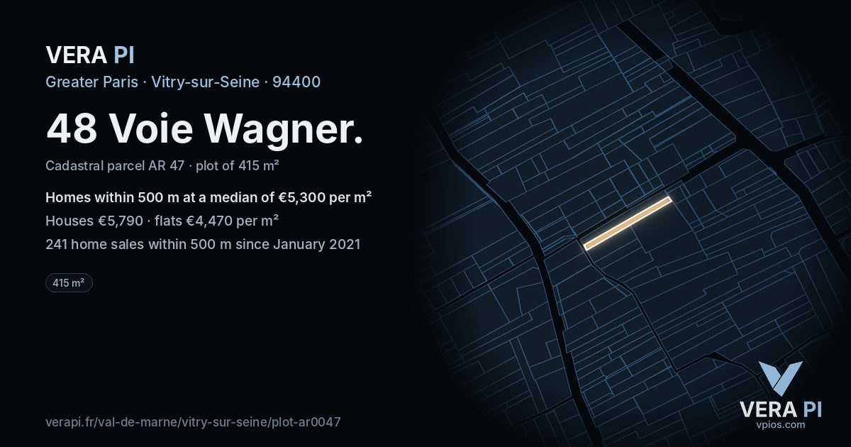 48 Voie Wagner, Vitry-sur-Seine at night – the plot lit, the parcels around coloured by the prices near them