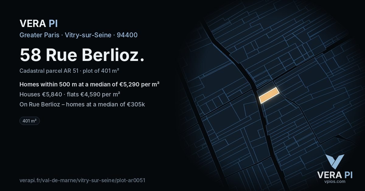 58 Rue Berlioz, Vitry-sur-Seine at night – the plot lit, the parcels around coloured by the prices near them