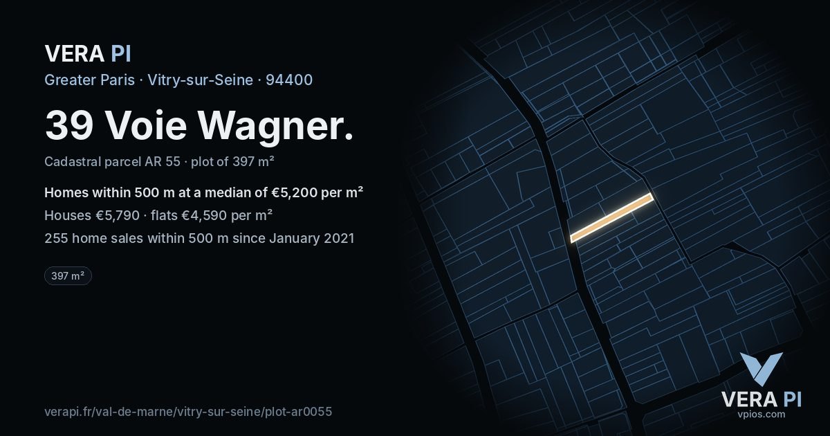 39 Voie Wagner, Vitry-sur-Seine at night – the plot lit, the parcels around coloured by the prices near them