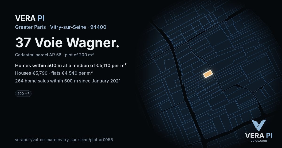 37 Voie Wagner, Vitry-sur-Seine at night – the plot lit, the parcels around coloured by the prices near them